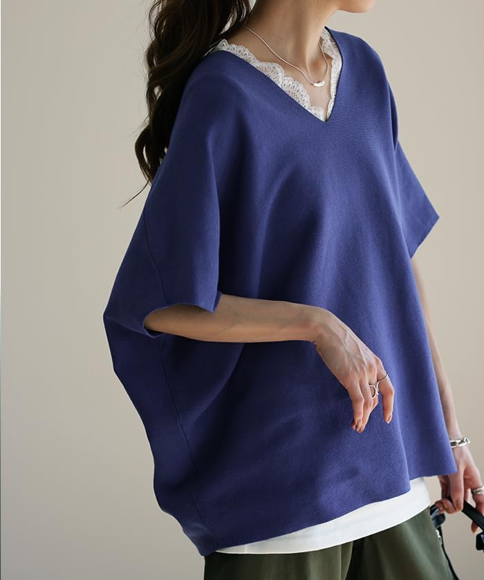 [Hug.U] サマーニット レディース トップス 二の腕をカバー ニット 綿 ドルマン Tシャツ 半袖 Vネック ゆったり 体型カ