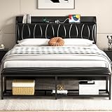 VECELO Queen Size Bed Frame with Upholstered Headboard & Footboard Bench, Heavy Duty Metal Bed Frames Without Noise, Steel Slats Support, Under Bed Storage, Easy Assembly, No Box Spring Needed, Black