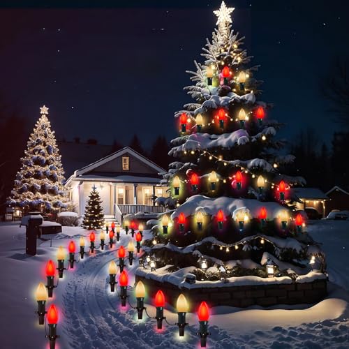 Image of GOOTHY 25Ft C9 Red and White Christmas Lights Outdoor, C9 Vintage Christmas Lights with 26 7W Red and White Bulbs, Hanging Outdoor String Lights for Patio Outside Holidays Party Xmas Roofline Wedding