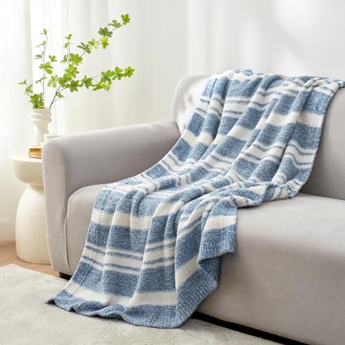 Image of Snuggle Sac Knitted Throw Blanket for Couch, Reversible Super Soft Microfiber Blankets Warm Cozy Knit Fuzzy Plush Lightweight Throws for Sofa, Bed, Camping, Picnic, Stripe Blue, 50 x 60 inches