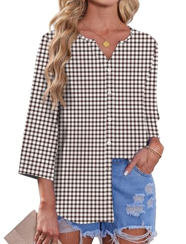 Image of OFEEFAN Button Down Shirts for Women 3 /4 Length Sleeve Tops V Neck Blouses Business Casual Outfits Loose Fit