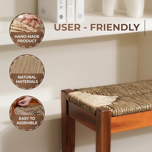 Image of Vintage Entryway Bench, 47 inch Acacia Wood Bench with Woven Seagrass Seat, Entryway Bench, Wicker Bench Indoor for Hallway, End of Bed, Rustic Farmhouse Boho Style, Indoor Decorative Bench (Brown)
