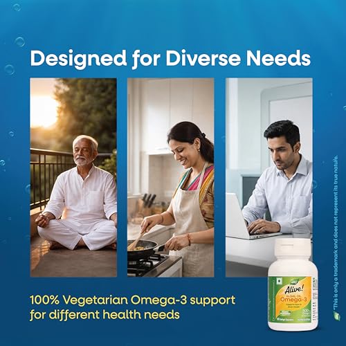 Image of Nature's Way Alive Omega 3 -500 mg|Pure Algal Oil Plant Omega for Heart & Brain Wellness -100% Veg,No Fish Burps - 200 mg DHA Supports Heart ,Joints ,Brain & Eye Health - 60 Capsules for Men & Women - Easy absorption