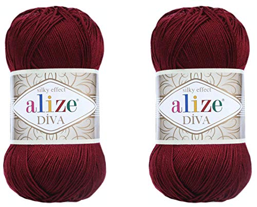 Alize Diva Yarn 100% Microfiber Acrylic Yarn, Silk Effect, 2 Skeins, 200gr, 767yds, Fingering Weight, Red (Bordeaux)