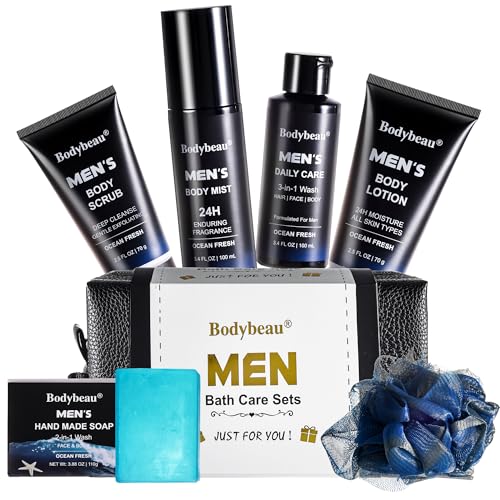 Gift for Men, 7-Piece Bath and Body Spa Gift Set, Men’s Skin Care Includes 3-in-1 Face Wash, Handmade Soap, Body Mist, Lotion, Shower Sponge & Travel Bag-Gifts for Dad, Husband, Boyfriend and Friends
