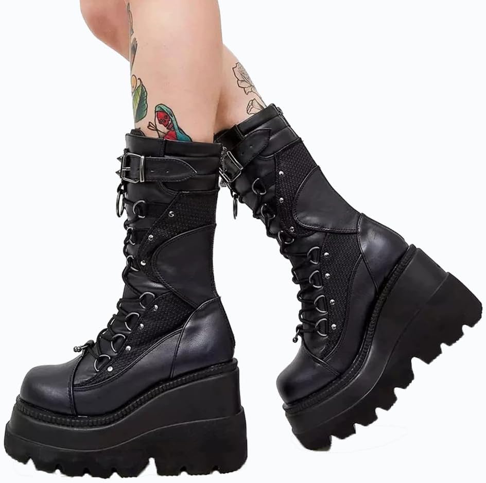 Women's Goth Punk Platform Boots Chunky Heel Work Combat Boots Fashion Lace-Up Round Toe Mid Calf Motorcycle Boot - Image 4