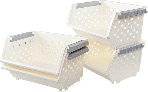 Miniatura 2 de Paquete de 4 cestas apilables grandes, de plástico, apilables, desmontables, para almacenamiento