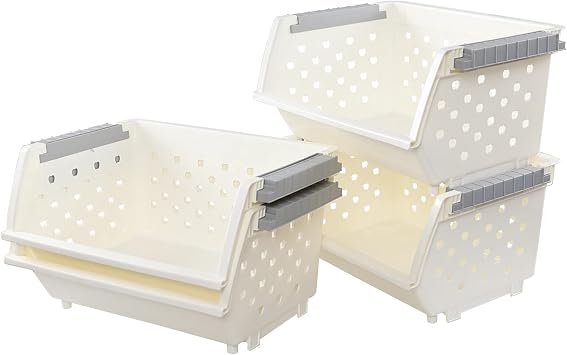 Stackable Storage Basket Bin, Plastic Organizer Container, 4-Pack