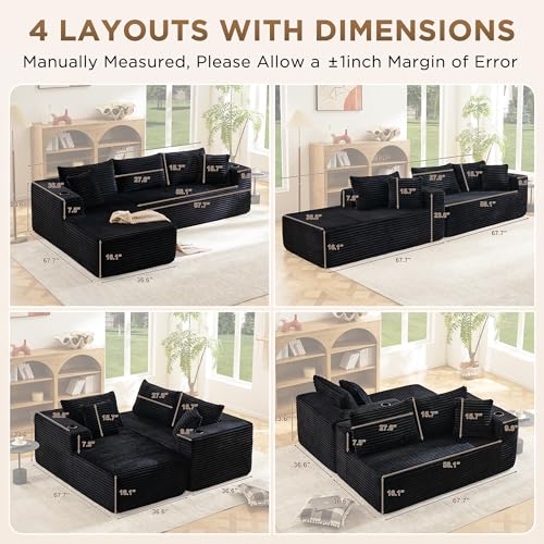 Image of Modular Compressed Sectional Sofa Set - Velvet Corduroy Upholstery, Convertible Couch with Cup Holders and Pillows for Living Room, Black