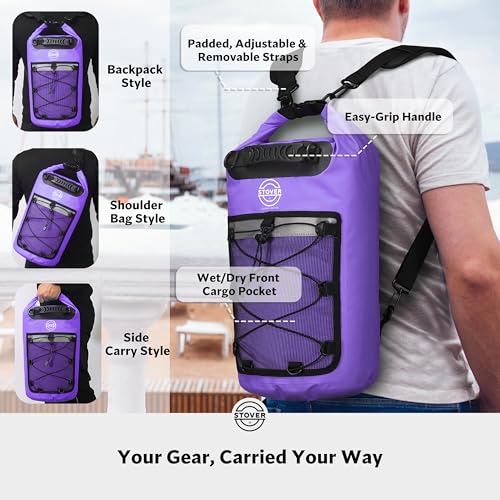 Image of STOVER 5 /10 /25 /30 /40L Waterproof Dry Backpack & Phone Case- Large Floating Dry Bag for Kayaking, Travel, Hiking, Fishing, Camping, Motorcycles & Beach, Heavy-Duty Roll Top Men /Women (Purple)
