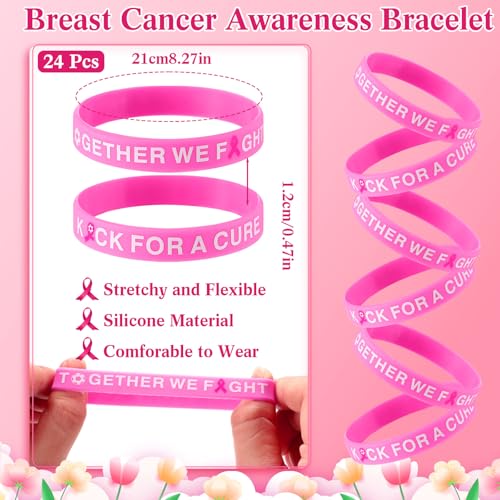 Ramede 6 Pairs Breast Cancer Awareness Crew Socks with 24 Pink out Ribbon Bracelets for Cheer Youth Sport Team Support3