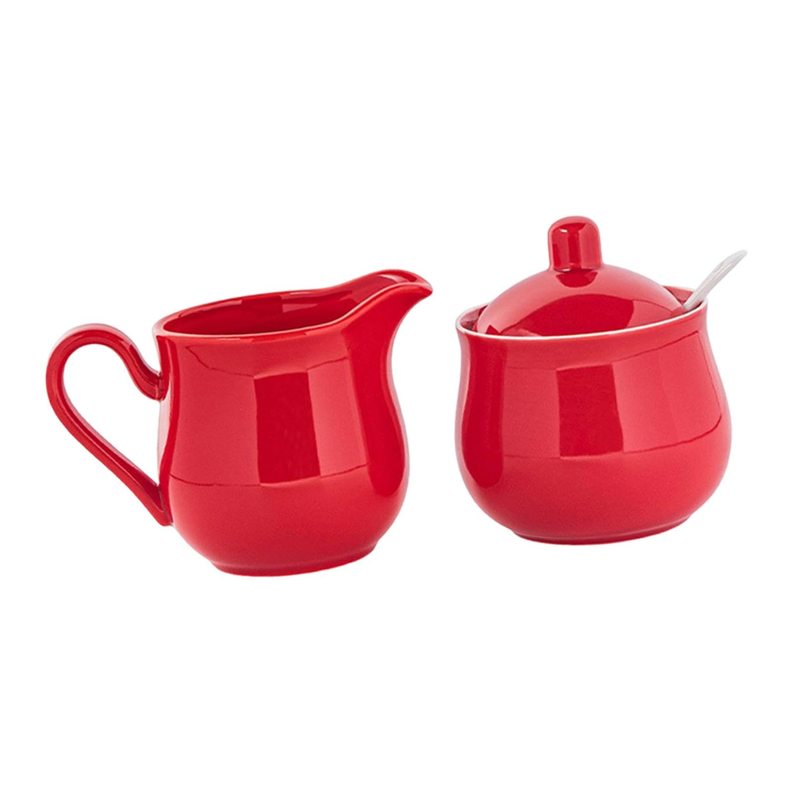 Amagogo Juego de azucarero y Crema de cerámica, azucarero con Tapa y Cuchara, Uso doméstico, práctico, Decorativo, Jarra para Crema, Rojo