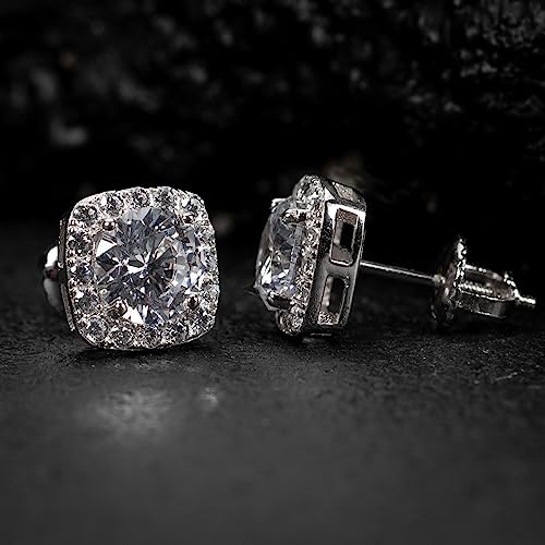 Men's Women's Square Halo Brilliant Sterling Silver Iced Elegant Cz Cube Shape Hip Hop Stud Screw Back Earring Round Circle 5A Cubic Zirconia Unisex Small 10mm Earrings Jewelry Gift For Men Women4