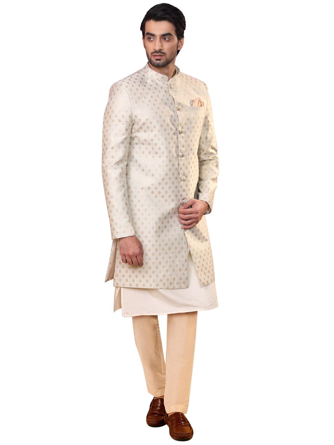 Mens Kurta Sherwani Trouser Set Silk Blend Jacquard, Indo-Western Ethnic Wear for Men, Cream-image-48