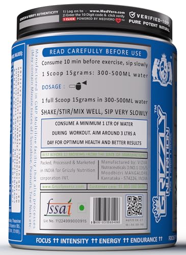 Image of Grizzly Nutrition, Pure BCCB 450g, 30g Energy caffeine pack - Betaine, Creatine, Citrulline, B Alanine, Researched muscle, strength, endurance, growth formula, before workout /Intra workout, Pineapple