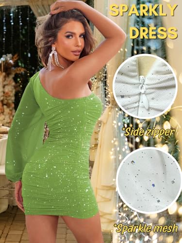 Image of ShawGobow Sparkly Outfits for Women,One Shoulder Ruched Bodycon Short Prom Dress,Sexy Dresses Cocktail Homecoming Nye