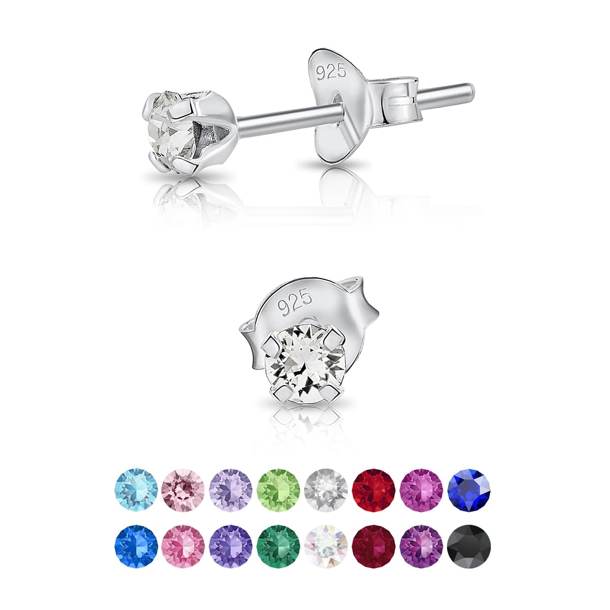 DTPsilver 925 Sterling Silver VERY TINY Round Stud Earrings made with Crystals from Swarovski Elements - Diameter: 3 mm