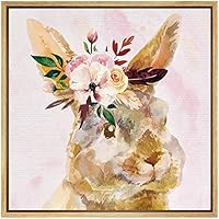 SIGNWIN Framed Canvas Wall Art Nursery Rabbit Bunny with Pink, Orange, White Flowers Animals Wildlife Watercolor Impressionism Modern Portrait Fun for Living Room, Bedroom, Office - 16