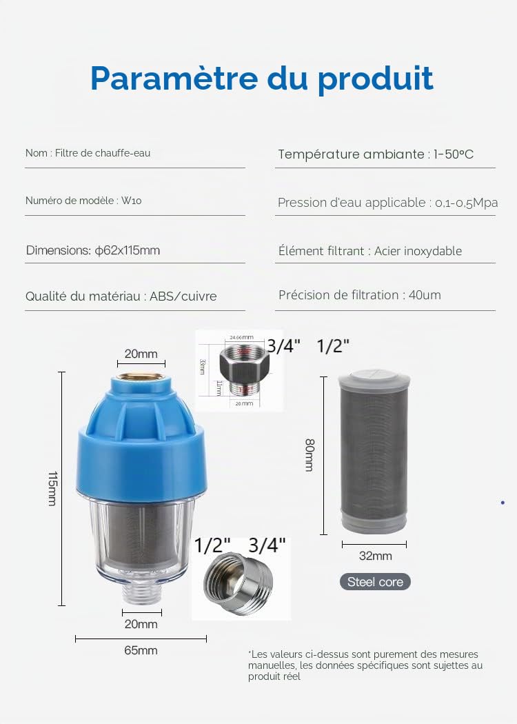 Filtre antisable rouille cailloux charge lave-linge lave-vaisselle eau pompe adaptateurs 3/4" 1/2 robinet puits sédiments impuretés pompes cartouches remplaçables 40 microns universel préfiltre