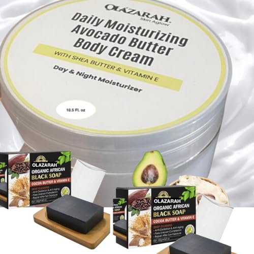 OLAZARAH Avocado Butter Body Cream w/Shea Butter + Natural African Black Soap Infused with Cocoa Butter & Vit. E for Revitalizing Skin Nourishment Bundle, for all skin types, 12 oz