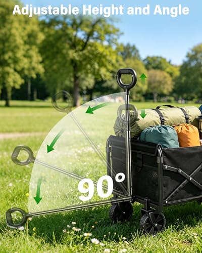 Image of Collapsible Wagons Carts Foldable Wagon, Foldable Wagon Cart with Wheels, Folding Wagons for Beach Camp Sports Garden, 2 Cup Holders /Lightweight Portable /Black /280 LBS