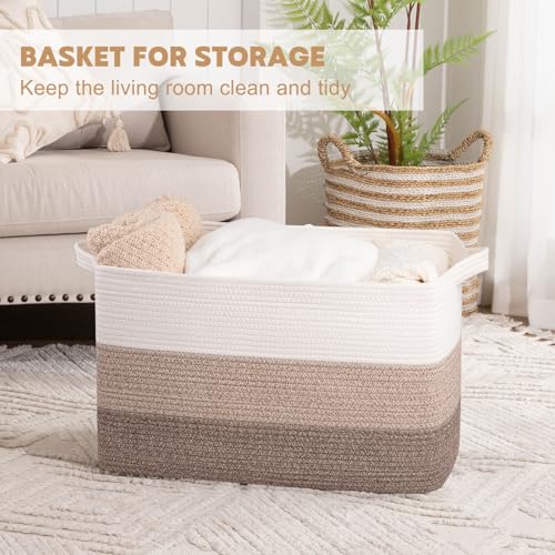 Image of OIAHOMY Extra Large Blanket Basket, 110L Cotton Rope Woven Laundry Basket, Toy Bin for Baby Room, Container for Blanket Storage in Living Room, 24.8''x17.3''x15.8'', Gradient Brown