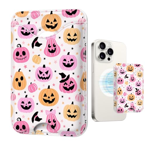 Image of Halloween Pink Pumpkins for Magsafe Wallet Compatible with iPhone 17 /16 /15 /14 /13 /12 Series Pro Max Plus (Magnetic Card Holder for Women) (Fit 3 Cards Lether Phone Magnet Mag Safe Wallets)