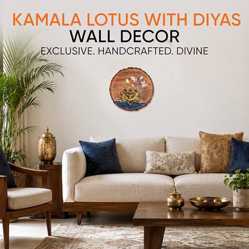 Image of AAKRITI ART CREATIONS Kamala Lotus Wall Art, Handcrafted Wooden Decor with Lotus Flower, Dhokra Art Wall Hanging Panel Set of 1 Multi Color | Matte Finish Mango Wood | Living Room, Bedroom, Office