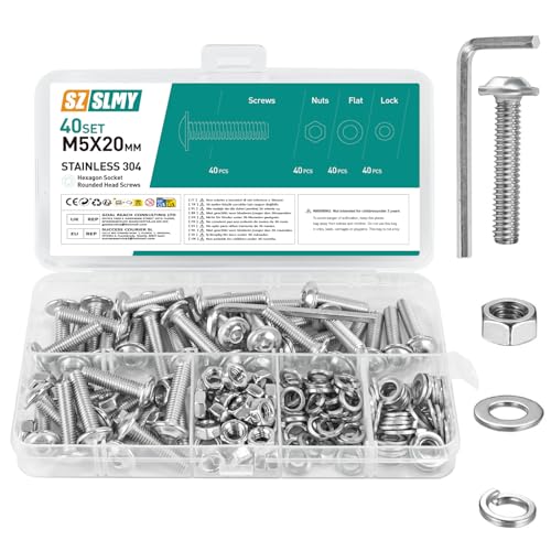 Set di 40 viti M5, viti a testa bombata M5 x 20 mm, in acciaio inox, set di viti a flangia, viti a testa piatta con flangia, filettatura completa