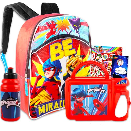 Miraculous Ladybug Backpack and Lunch Box Set - Bundle with 16' Miraculous Ladybug School Bag with Lunch Bag, Red Water Pouch, Stickers, Door Hanger