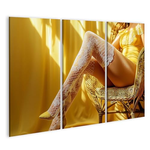 islandburner Primer cuadro en lienzo mujer en vestido amarillo y medias de encaje en silla cuadros murales póster