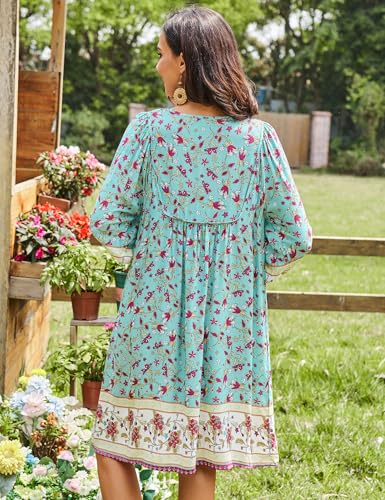 Image of Bluetime Women Casual Summer Dress Boho V Neck 3 /4 Sleeve Babydoll Floral Print Flowy Beach Dress