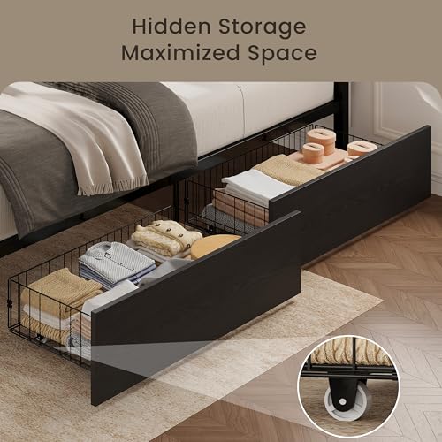 Image of LIKIMIO Twin Bed Frames with 2 Storage Drawers, Charging Station and LED Lights, Platform Twin Bed with Headboard, Strong Metal Slats, No Box Spring Needed, Easy Assembly, Noise-Free, Black