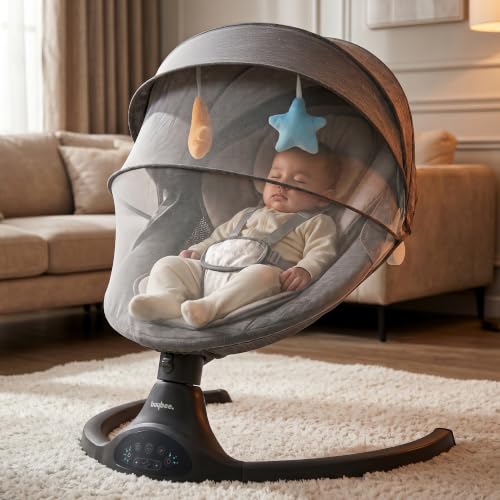 Image of Baybee Electric Baby Swing with Adjustable Speed & Soothing Music | Baby Relaxing Swing Jhula with Mosquito Net, Safety Belt & Removable Toy | Rocking Function Cradle for New Born Babies (Black)