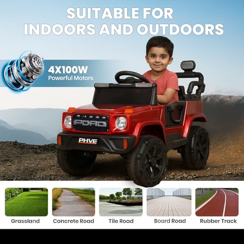 Image of Toyify Driving 4x4 Electric Car for Kids 1 to 6 Years | Ride on Battery Operated Jeep | Loading Capacity of 50 Kg | Bluetooth Music Player | Remote Control & Manual Steering Drive (Ford-Red)