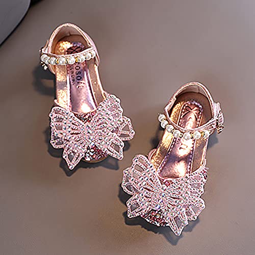 Girls White Dress Shoes Spring and Summer Girls Sandals Dress Performance Dance Shoes Pearl Rhinestone Bow Shoes (Pink #1, 12.5 Little Child)4