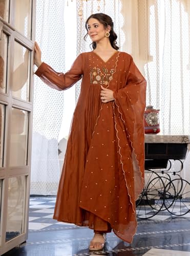 Image of Nermosa Women Embroidery Solid Anarkali Kurta and Pant Set with Dupatta