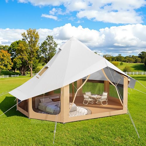 SPECRAFT Canvas Bell Yurt Tents for Camping, Waterproof Glamping Tent with Stove Jack, Breathable Mesh, Snowproofing Spacious 4-Season Family Shelter for Outdoor, Camping, Parties, 3-4 Person