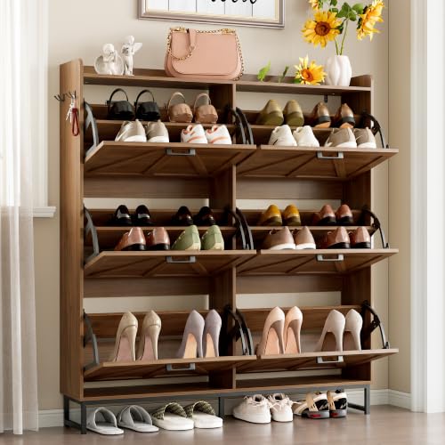 Image of BORNOON Shoe Cabinet with 6 Flip Drawers Narrow Shoe Storage Cabinet Organizer Wooden Freestanding Shoe Rack Hidden Slim Shoes Storage Cabinet for Entryway, Hallway, Living Room, Bedroom