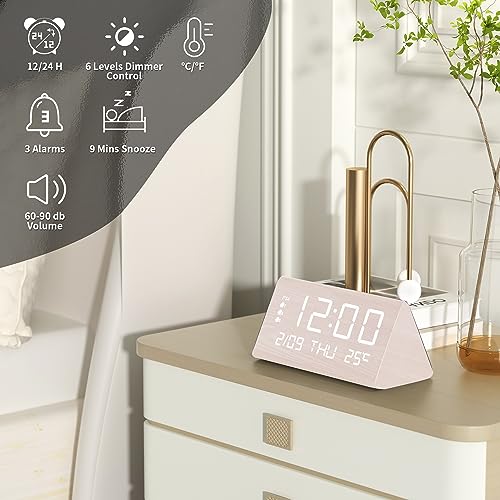 Image of JALL Digital Alarm Clock, with Wooden Electronic LED Time Display, 3 Alarm Settings, Weekday /Weekend Mode, Temperature Detect, Wood Made Electric Clocks for Office, Bedroom, Bedside
