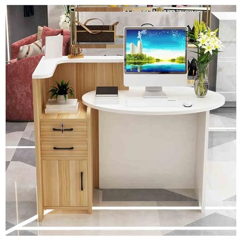 モダンなフロントデスク受付カウンター、小さなスペース用の小さな受付デスク(鍵付き引き出し付き)、店舗オフィスロビーサロン用の楕円形デスクトップ&Lカウンター(B,L-55.1/23.6/39.3in)