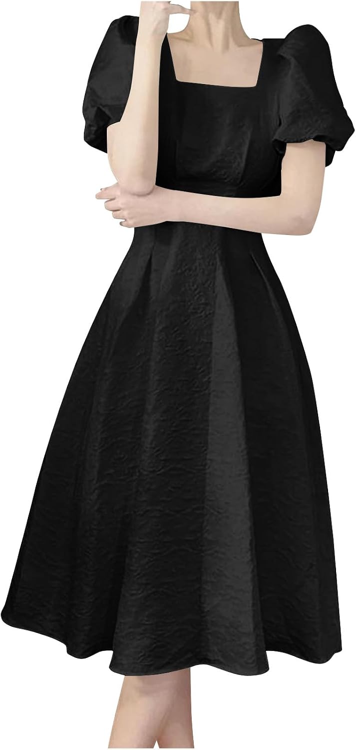 Vintage Retro Party Swing Dress for Women Elegant Solid Color Party Dresses Square Neck Short Sleeve Sundress