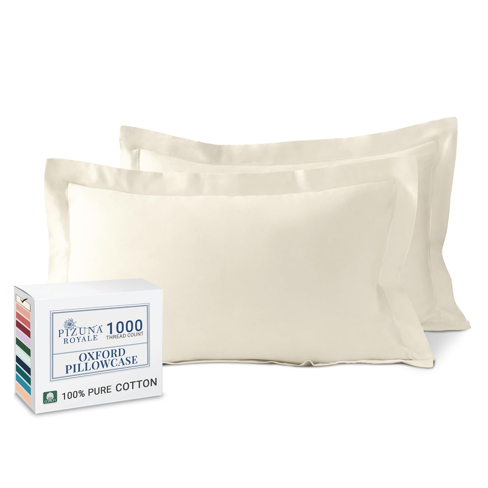 Pizuna Luxurious Cotton King Size Oxford Pillowcases 2 Pack Ivory 50x90cm, 1000 Thread Count Long Staple Combed Cotton Thick Pillow Cover, Soft Sateen King Pillow Cases (Cooling Pillowcase)
