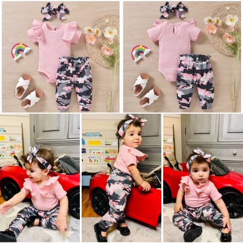 Unutiylo Baby Girl Clothes Infant Outfits Ruffle Jumpsuit Ribbed Romper Bodysuit Pants Set 3Pcs Clothing Set Short Sleeve Baby Girls Spring Summer Outfits Pink Camo 6-12 Months #TOP1
