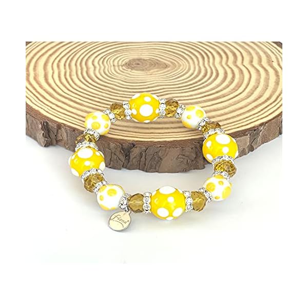 Linpeng-Glass-Beads-Polka-Dots-Bracelet-YellowWhite Linpeng PD-08 Fiona Hand Painted Polka Dots Glass Beads Stretch Bracelet, Yellow/White