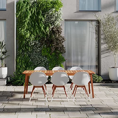 Brampton 7 Piece Outdoor Eucalyptus Rectangular Dining Set | Perfect For Patio | With White Chairs #TOP1