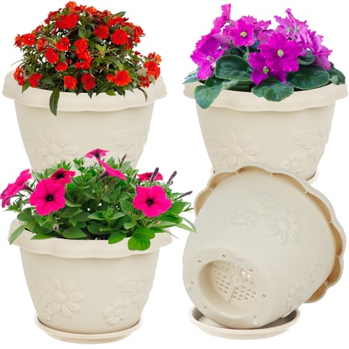 IWTTWY 4 Pack Plastic Plant Pots, 18CM Thicken Orchid Pots with Saucers and drainage holes, Modern Flower Pots Planters Herb Pots Indoor Outdoor for Peace Lily, Snake Plant, Succulent (Off White)