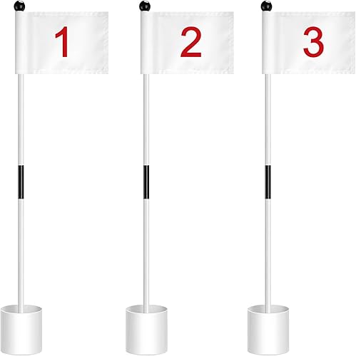 Hungdao Juego de 3 banderas de golf con tazas para practicar poner poste verde, asta de bandera, agujero de golf, banderas de nailon, mini palos