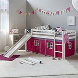 Spielbett für Kinder 90 x 200 , Kinderhochbett mit Absturzsicherung, Rutsche, Vorhang Pink und beidseitig montierbarer Leiter
