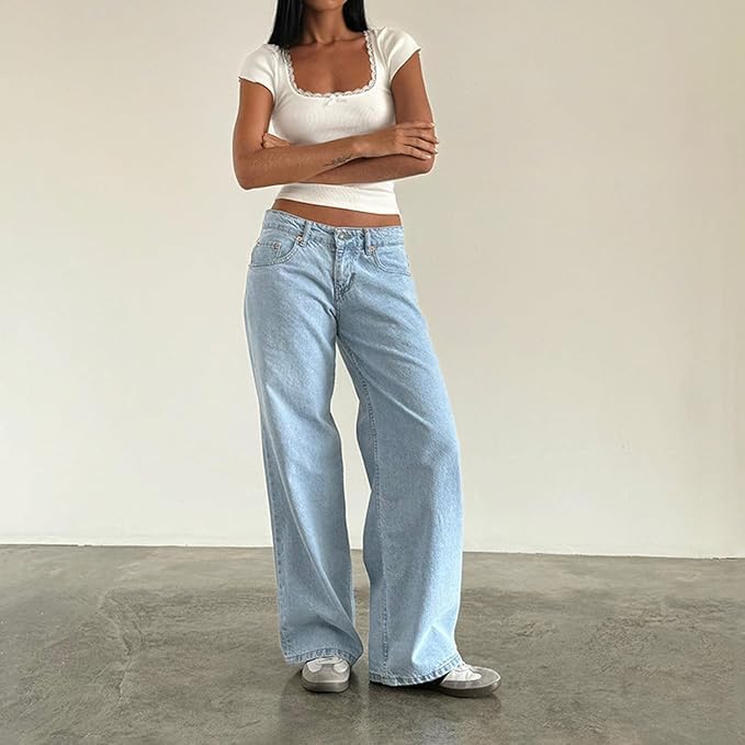 Women Y2K Low Rise Baggy Jeans Loose Fit Boyfriend Straight Wide Leg Denim Pants Streetwear Trousers Fall Outfits4